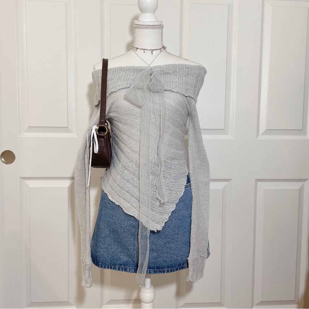Kimchi Blue Off Shoulfer Fluffy Knit Off Shoulder Sweater Ribbon Top